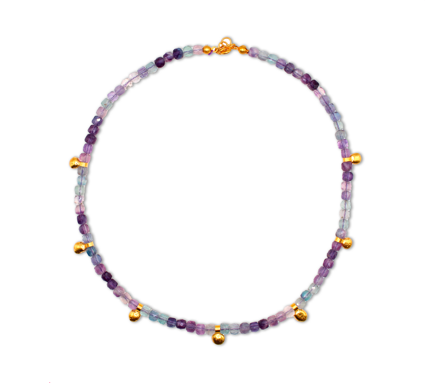 Multicolored beaded Fluorite necklace with gold charm on a white background