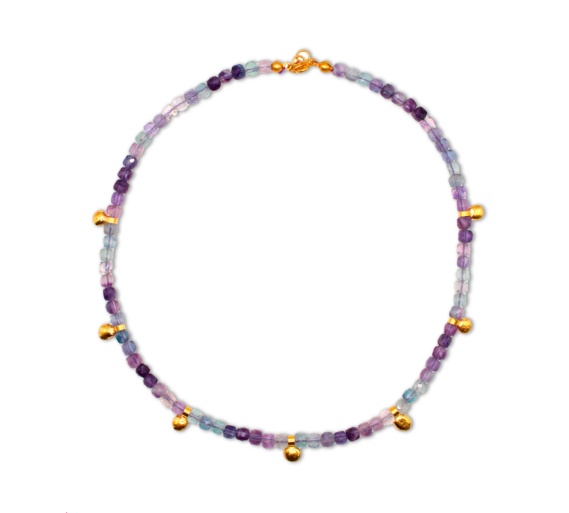Multicolored beaded Fluorite necklace with gold charm on a white background
