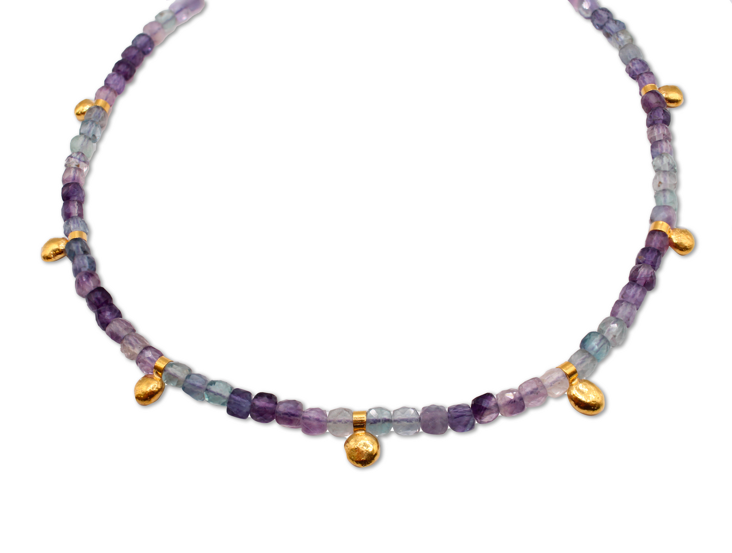 Necklace with multicolored beads fluorite gold charms on a white background