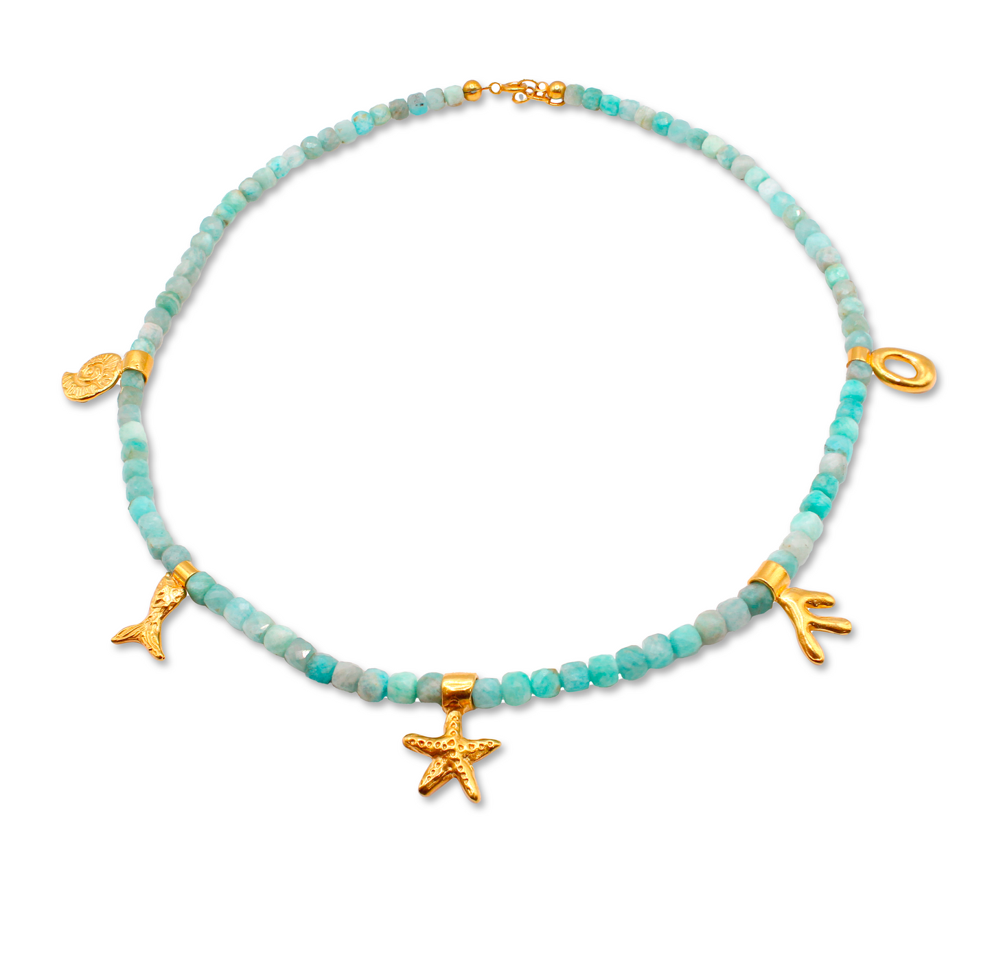 Necklace with aquamarine turquoise beads and gold ocean charms on a white background