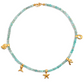 Necklace with turquoise aquamarine beads and gold charms on a white background