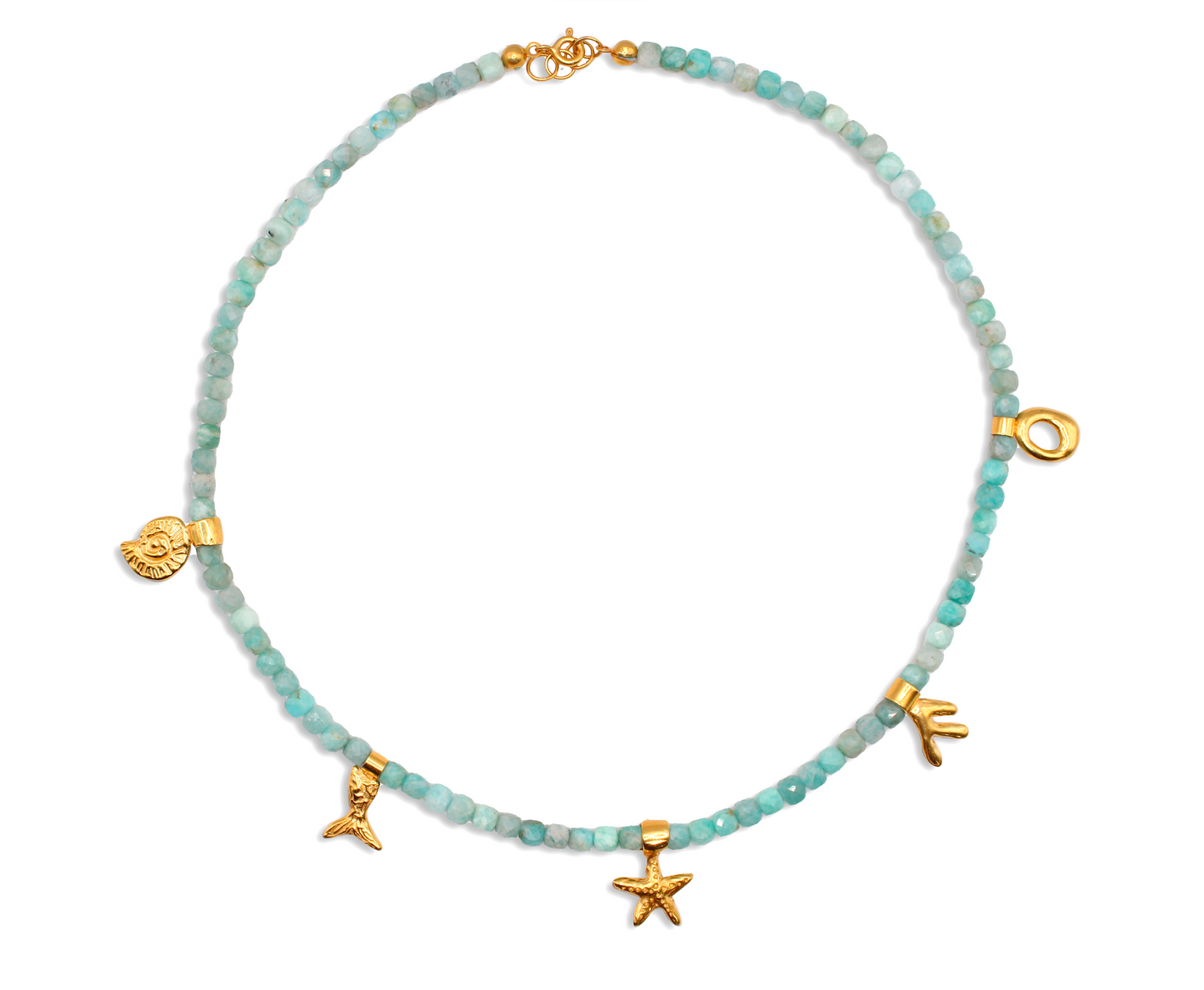 Necklace with turquoise aquamarine beads and gold charms on a white background